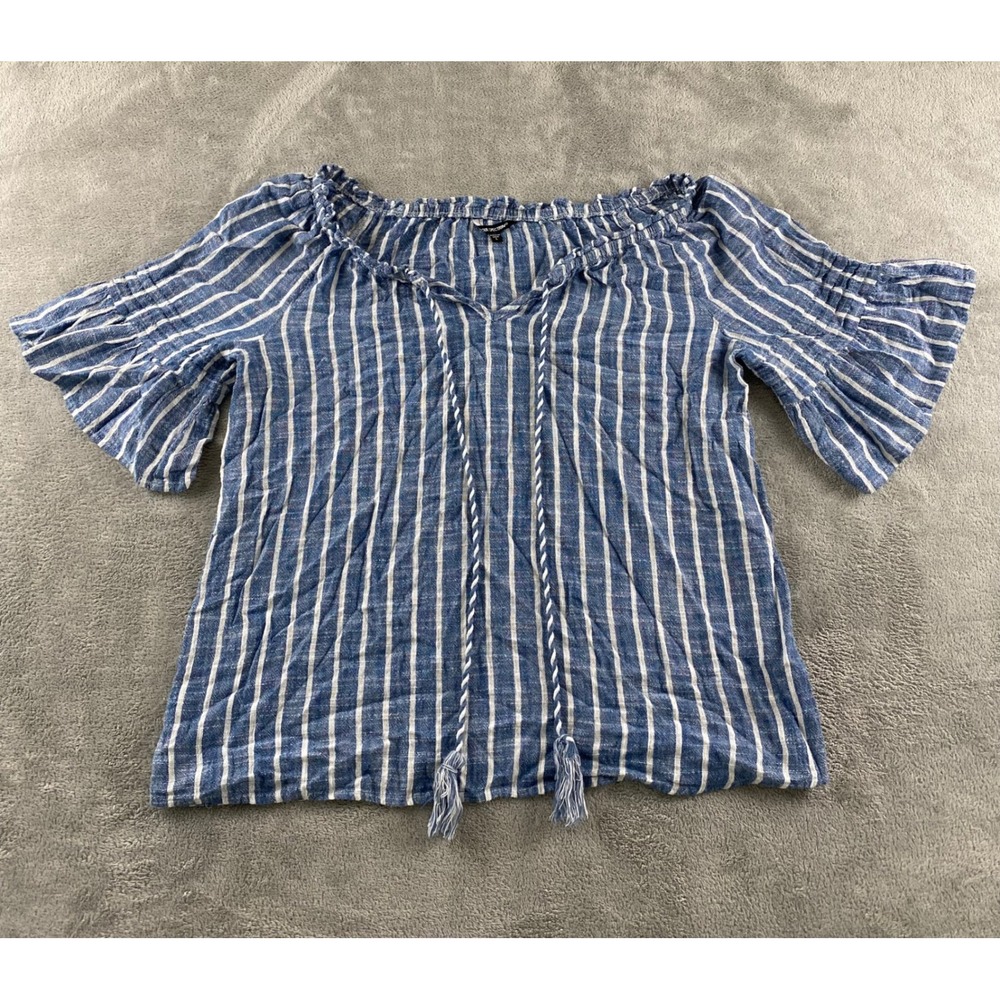 Unique Spectrum Womens Blue White Striped Bell Sleeve Tassel Peasant Top Large